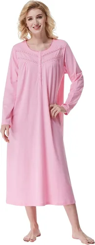 Vista 21 de Keyocean Camisones para mujer, de algodón suave, cómodo, ligero, de manga larga, vestidos de noche para mujer Azul