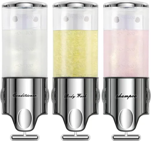 Vista 7 de Dispensador de champú y acondicionador, dispensadores para la ducha, dispensador de jabón de ducha de 3 cámaras sin taladro, dispensador de champú