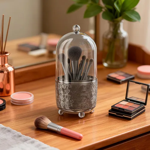 Vista 2 de Soporte para brochas de maquillaje con tapa, organizador de herramientas cosméticas con tapa, apertura deslizante giratoria de 360°, contenedor