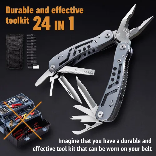 Vista 3 de Multiherramienta 24 en 1 con cuchillo, alicates y 11 puntas de acero inoxidable afilado, multiherramienta para hombres, equipo ideal