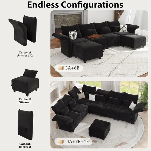 Vista 4 de LLappuil L Shaped Modular Sectional Sofa with Storage Seat, 9 Seater Sectional Couches for Living Room, Black Chenille