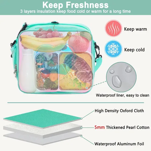 Vista 4 de Lonchera para niños y niñas, bolsa de mano aislada con diseño de arco iris, a prueba de fugas, térmica, reutilizable, para la escuela, la oficina
