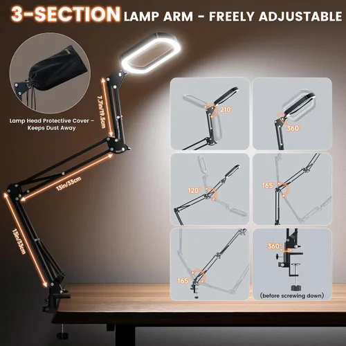 Vista 4 de Lupa Rectangular 10X con Luz, 3 Brazos 5 Modos de Color, Lupas Grandes con Abrazadera, Lámpara de Escritorio Iluminada con Lupa de Manos Libres
