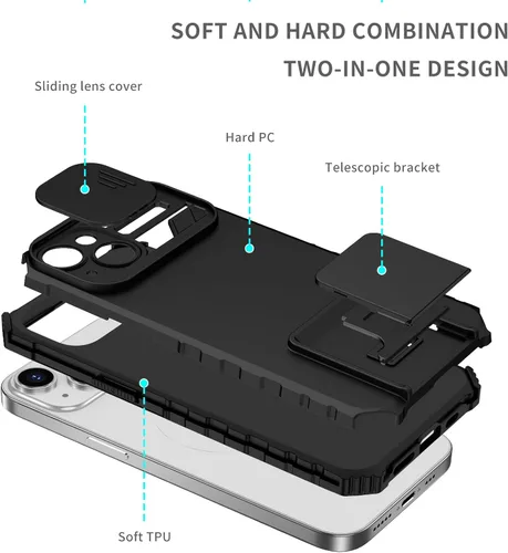 Vista 2 de Funda para iPhone 15 con funda para cámara deslizante, protector de silicona TPU resistente PC Etui iPhone 15 con soporte integrado, funda Negro