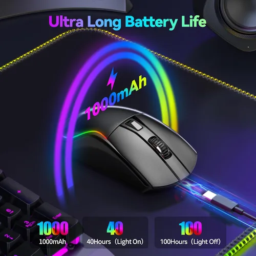 Vista 5 de TECKNET Ratón inalámbrico para juegos de tres modos, retroiluminado RGB Bluetooth 5.0/2.4G/USB-C Ratón ergonómico recargable con 6 botones