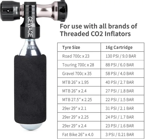 Vista 7 de Inflador de CO2 con 4 cartuchos de 0.56 oz - Bomba de bicicleta de CO2 compatible con válvula Presta y Schrader - Inflador de neumáticos