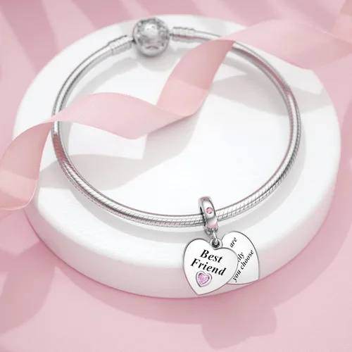 Vista 2 de JIAYIQI Dijes de Madre Hermana Hija Esposa que se Ajustan a Pulseras de Dijes y Collares con Dijes de Doble Corazón de Amor Cuentas de Plata de Ley