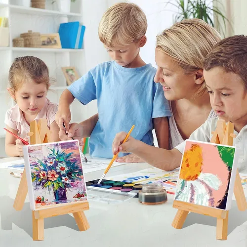 Vista 6 de Paquete de 12 mini caballetes de exhibición de madera de 5 pulgadas, soporte de trípode de madera natural para mostrar lienzos pequeños, tarjetas