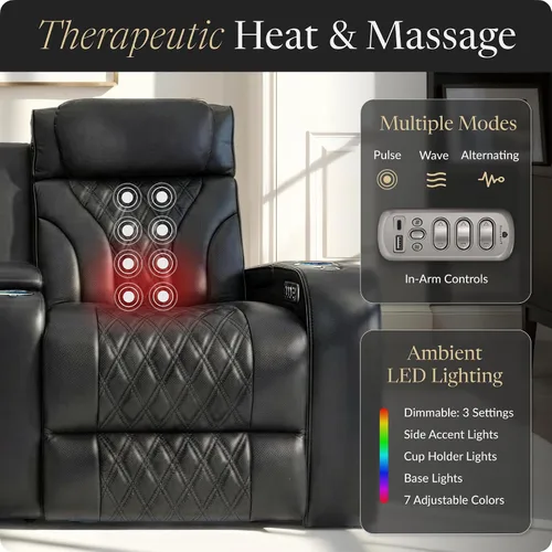 Vista 5 de Seatcraft Armada LT - Asiento de cine en casa, sofá biplaza negro con almacenamiento