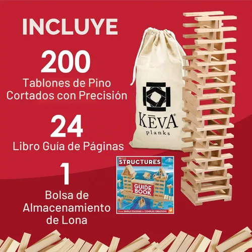 Vista 4 de KEVA Structures - Juego de 200 tablones de construcción de madera, juguete de construcción que incluye 200 bloques de madera y libro de ideas, a