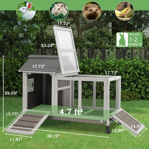 Vista 7 de Gowoodhut Conejera de 38.19 pulgadas de largo para interiores y exteriores con 4 ruedas, jaula de madera para conejo con bandeja extraíble a prueba