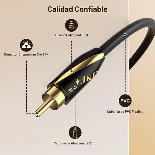 Vista 2 de J&D Audiophiles - Cable RCA de 24 AWG 2RCA macho a macho, cable de audio de interconexión estéreo, cable de subwoofer chapado en oro para cine