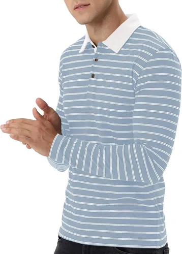 Vista 3 de MLANM Polo para hombre de manga cortalarga, informal, ajustado, diseño básico, a rayas, de algodón