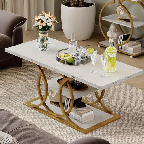 Vista 8 de GiftGo Mesa de café rústica con almacenamiento industrial de 3 niveles, mesa de centro de madera rectangular estilo granja para sala de estar, mesa