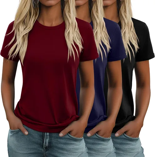 Vista 18 de Huukeay Paquete de 3 camisetas de algodón para mujer, estilo casual, de manga corta, cuello redondo, ajuste holgado, básica, lisa