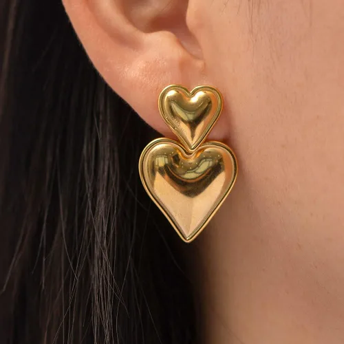 Vista 6 de Caiyao Aretes colgantes chapados en oro y plata para mujer, hipoalergénicos, de doble corazón, grandes, grandes, grandes, joyería para fiesta