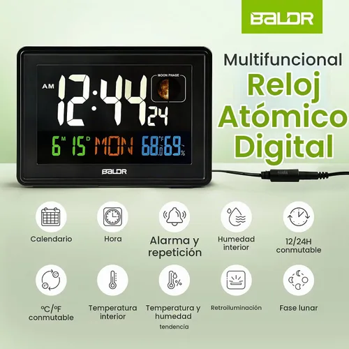 Vista 6 de BALDR Relojes Atómicos para Dormitorios Pantalla Digital Grande - Negro - Reloj de Escritorio con Temperatura Interior y Humedad, Reloj de Mesa