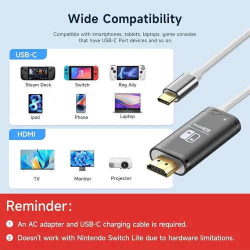 Vista 4 de Adaptador HDMI portátil mejorado compatible con Nintendo Switch 2017OLED solamente, cable USB C a HDMI reemplaza el muelle de interruptor original