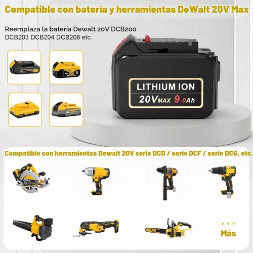 Vista 3 de PENGJBATTER Batería de litio de alta capacidad de 20 V 9000 mAh compatible con DeWalt 20 V Max batería DCB206 DCB205 DCB207, compatible con cargador