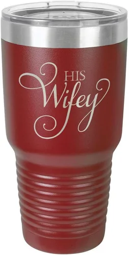 Vista 11 de Taza de viaje de acero con recubrimiento de polvo grabado con láser, con grabado «HIS WIFEY» de 325 ml, sin BPA, para mantener tu bebida fría