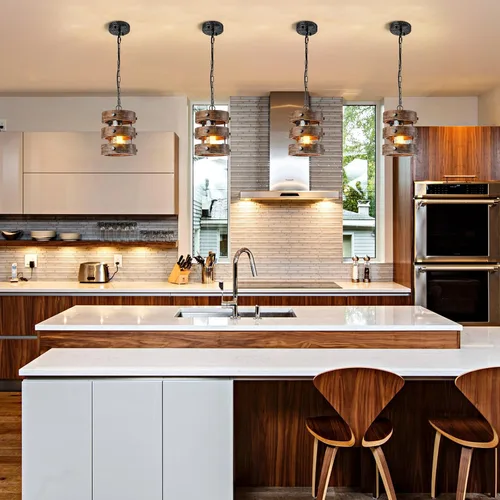 Vista 7 de Paquete de 2 Luces Colgantes de Madera Estilo Granja para Isla de Cocina, Accesorios de Iluminación para Comedor sobre Mesa, Lámpara de Araña