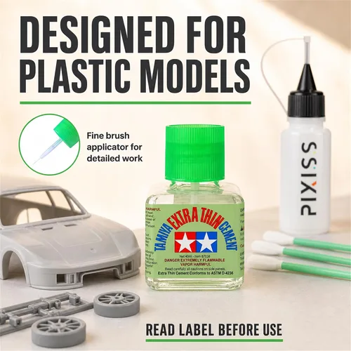 Vista 2 de Tamiya Cemento Extrafino para Modelos de Plástico con Hisopos de Mezcla Pixiss, 3 Botellas de Presión con Punta de Aguja y Embudo - Pegamento