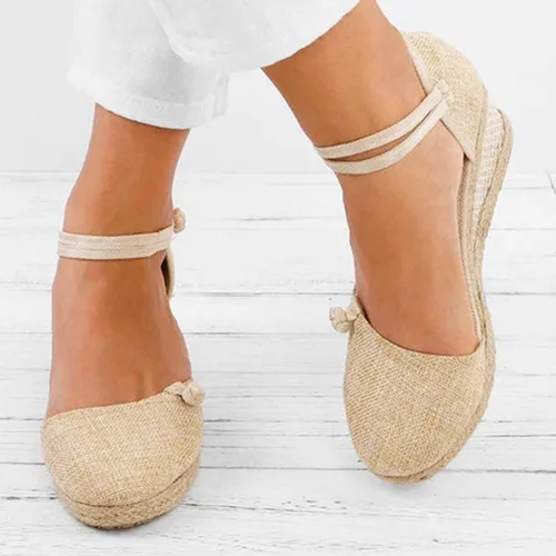 Vista 2 de Aniywn Sandalias de cuña retro con punta cerrada para mujer, con correa de hebilla, alpargatas para mujer