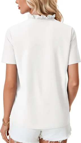 Vista 5 de Rooscier Blusa elegante de manga corta con botones y cuello alto para mujer