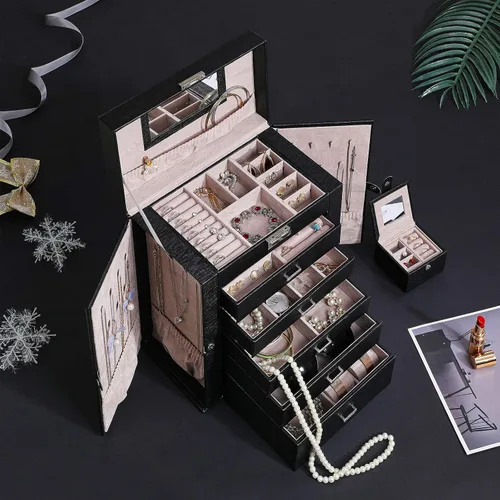 Vista 2 de ANWBROAD Caja de joyería grande de 6 niveles, organizador de joyas con cerradura de espejo, caja de joyería para niñas, aretes, anillos, collares