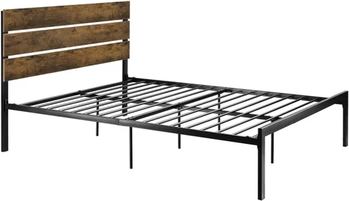 Vista 8 de Allewie Base de cama de plataforma de tamaño matrimonial con cabecero de madera y listones de metal, base de colchón de estilo rústico rústico