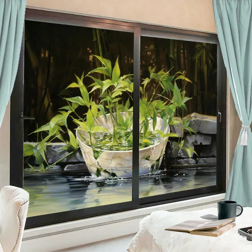 Vista 6 de Película de privacidad para ventanas de plantas acuáticas, bambú verde, vintage, botánico, vitral, sin pegamento, película de adherencia estática