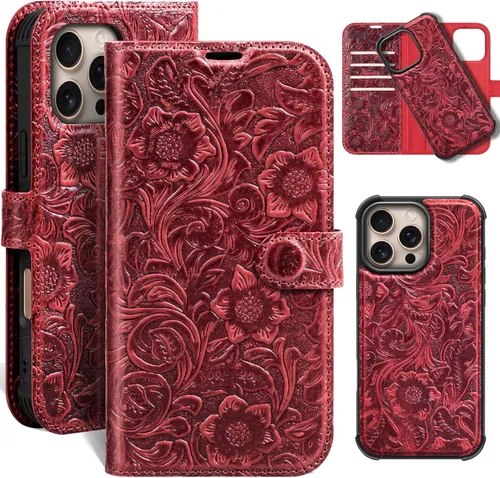 Vista 28 de Funda de cuero compatible con iPhone 16 Pro Max Cartera 6.9", cuero genuino 2 en 1, magnética, desmontable, a prueba de golpes, funda tipo folio