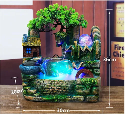 Vista 4 de Cascada Zen de escritorio de 14" con efecto atomizador LED y luces, mini fuente de roca para pecera