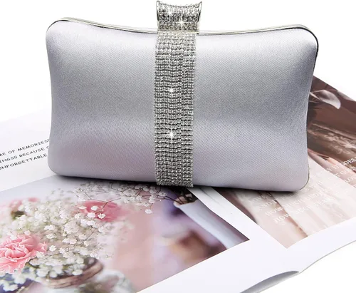 Vista 9 de DA BODAN Bolso de mano Jane de satén con diamantes de imitación para mujer para noche novia graduación fiesta bolso cruzado con cadena