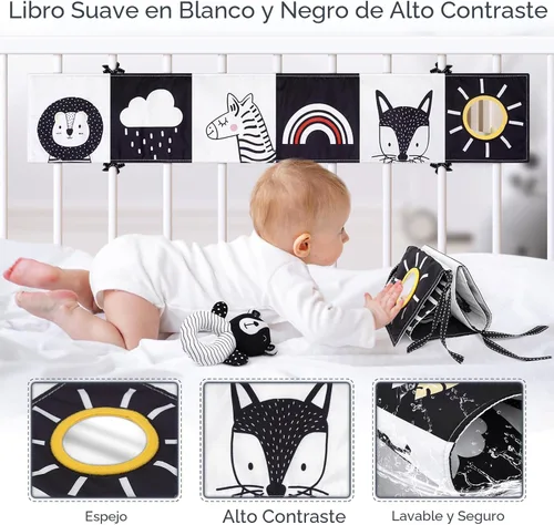 Vista 4 de Joyreal Juguetes sensoriales de alto contraste para recién nacidos, juguetes sensoriales para bebés en blanco y negro con juguetes para asiento