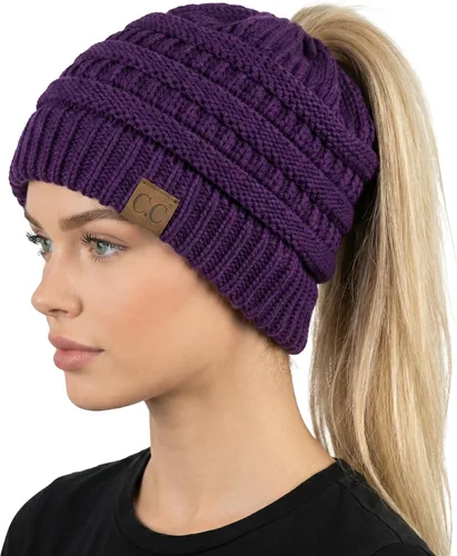 Vista 37 de Funky Junque Gorro de Cola de Caballo para Mujeres - Gorro de Invierno Ponyback Suave Elástico de Punto Trenzado Cola Alta Gorros para Correr