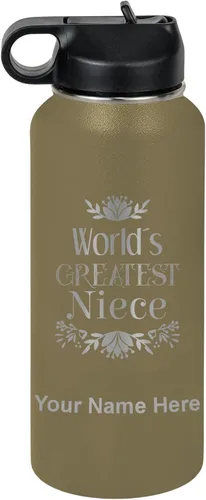 Vista 15 de LaserGram Botella de agua con tapa abatible de doble pared de 12 onzas con pajilla, sobrina más grande del mundo, grabado personalizado incluido