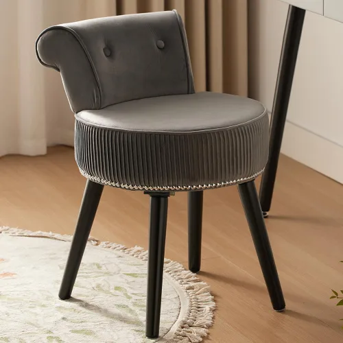 Vista 19 de Silla de tocador de terciopelo negro con respaldo pequeño, taburete de maquillaje, sillas acentuadas con botones sin ruedas, taburete de tocador