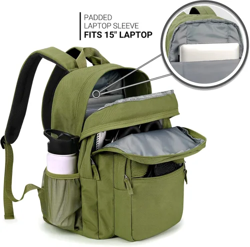 Vista 4 de ZORFIN - Mochila de 26 litros para la escuela, universidad y viajes, impermeable, con 8 compartimentos, Verde militar, Moderno