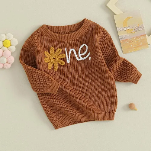 Vista 3 de Suéter de punto para bebé, niña, niño, cálido, con letras bordadas, de manga larga, para otoño e invierno