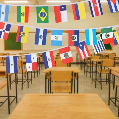 Vista 8 de Banderas de cuerda de América Latina de 21 países, decoraciones del mes de la herencia hispana, pancartas surtidas de bandera latina de 25 pies