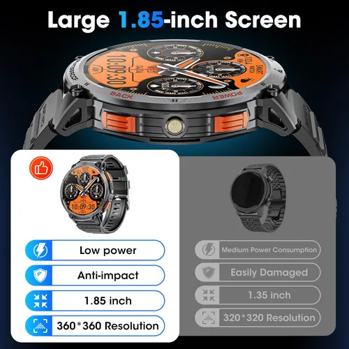 Vista 5 de Reloj Inteligente Militar para Hombres Pantalla Táctil HD de 1.85" Batería de 730mAh Relojes Inteligentes con Linterna LED para Android iOS