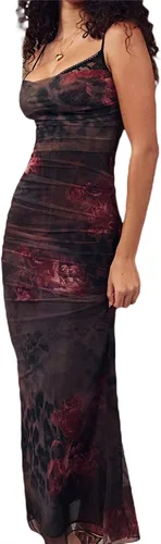 Vista 5 de Vestido largo de verano para mujer, con tirantes delgados, floral, Y2K, sexy, sin espalda, con abertura, corte bajo, ajustado, vestido midi