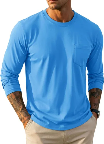 Vista 20 de MAGCOMSEN Camisa de manga larga para hombre con bolsillo, de algodón, cuello redondo, casual, ligera