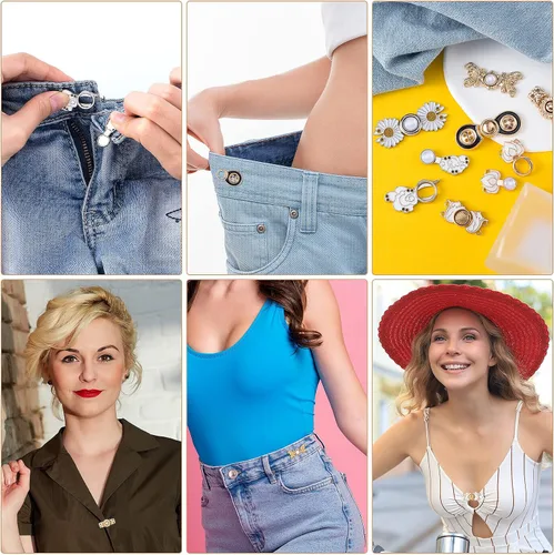 Vista 6 de OIIKI Tensor de botones de jeans ajustable, 7 piezas, botones de mezclilla, alfileres de vestir, hebillas de ajuste de cintura, botones