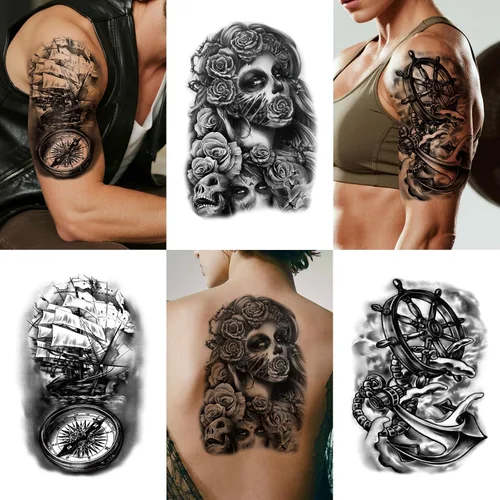 Vista 6 de 36 hojas de tatuajes temporales para hombres, mujeres y adultos, 12 hojas de gran tamaño, 3D, media manga, tatuajes falsos negros, tatuajes
