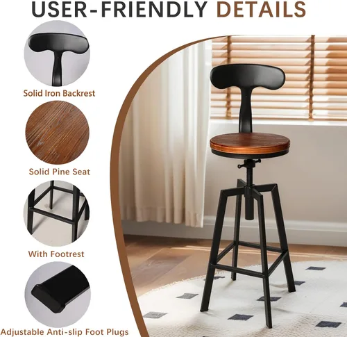 Vista 4 de Juego de 2 taburetes de bar industriales con respaldo, asiento giratorio de madera, altura ajustable, 25-32 pulgadas, taburete de isla de cocina