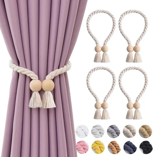 Vista 74 de NICEEC 2 Pack de Alzapaños Magnéticos de Madera en Forma de Cubo Boho para Decoración del Hogar, Alzapaños de Lino Tejidos a Mano para Cortinas Beige