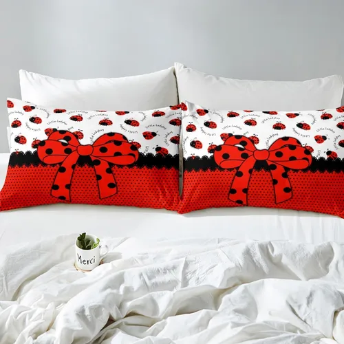 Vista 7 de Juego de funda de edredón con lazo de dibujos animados para niños, tamaño individual, juego de ropa de cama de mariquita, escarabajo, insecto