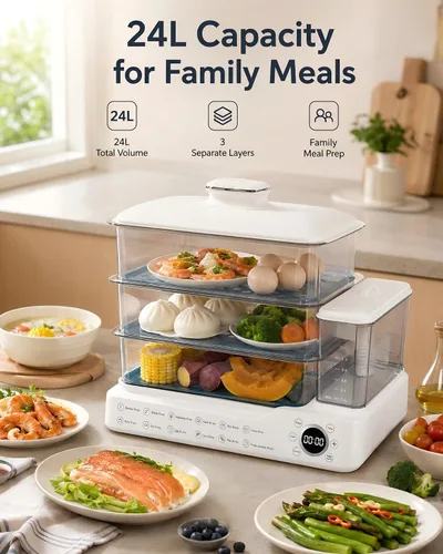 Vista 2 de Vaporizador eléctrico de alimentos de 24 litros, vaporizador digital de 3 niveles con inicio de retraso de 24 horas, mantiene el calor, tanque